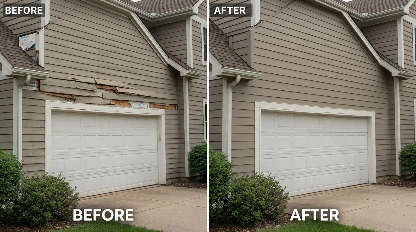 Damaged taupe siding above a garage door repair in Cedar Rapids, Iowa