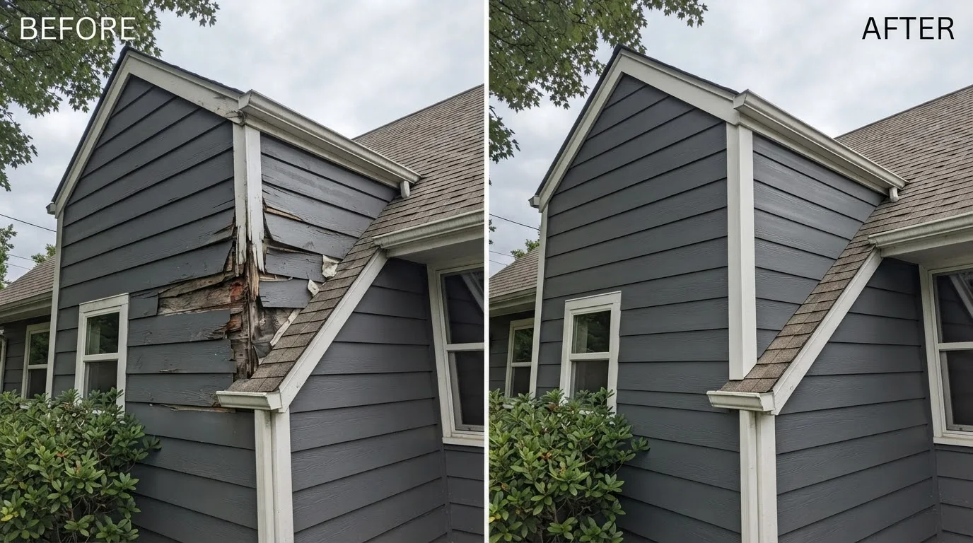 Severe dark gray gable siding damage beside a roof intersection repair in Cedar Rapids, Iowa