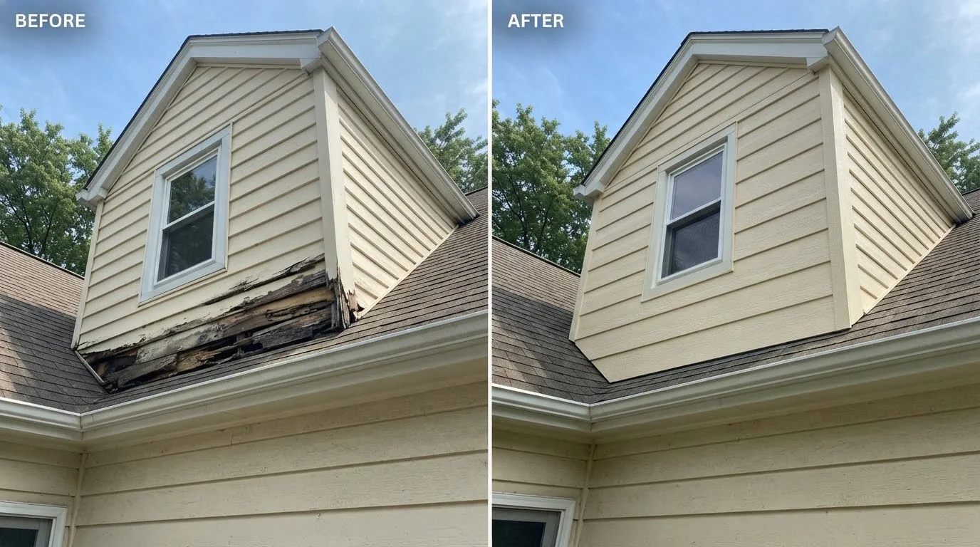 Rotted beige dormer siding beneath a window repair in Marion, Iowa